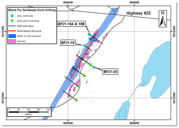 Current and historical drill hole collar locations for the Black Fly Northeast Zone area corresponding to Figure 1. Post Marvel Reports Up to 50.6 g/t Gold Over 0.5m, 2021 Phase One Drilling on the Black Fly Gold Project, Atikokan, Ontario