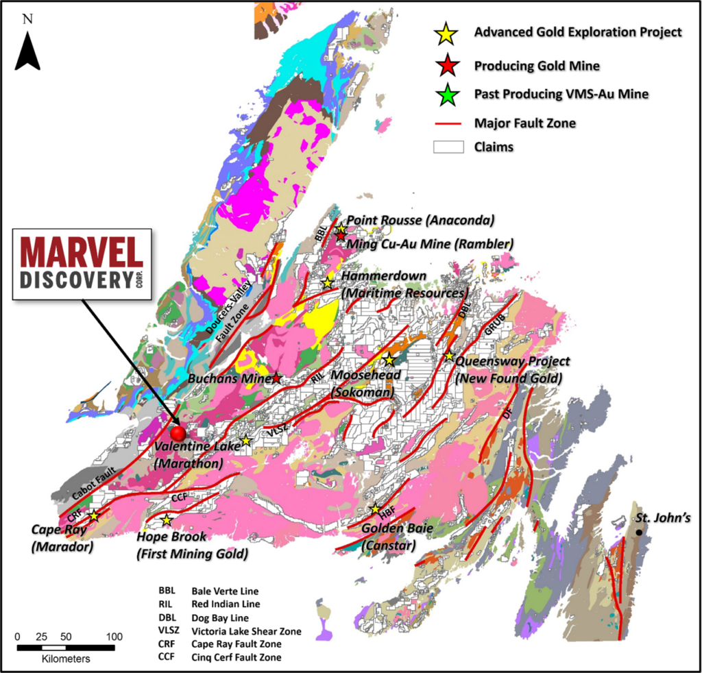 Location of Marvels Victoria Lake Gold Project Post MARVEL ACQUIRES VICTORIA SOUTHWEST - CONTIGUOUS TO FALCON GOLD, BUCHANS-BENTON JV