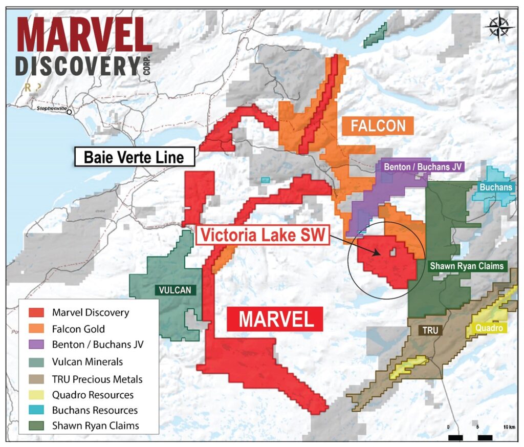 Regional geological and structural location of the Victoria Lake Gold Project. Post MARVEL ACQUIRES VICTORIA SOUTHWEST - CONTIGUOUS TO FALCON GOLD, BUCHANS-BENTON JV