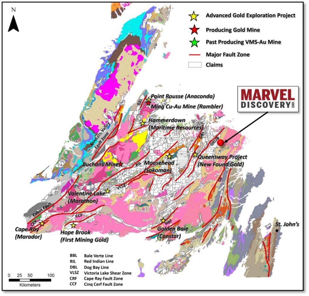 Location of the Marvel Gander North acquisition along the GRUB line regional deformation corridor Post Marvel Initiates Exploration at Gander North, Newfoundland