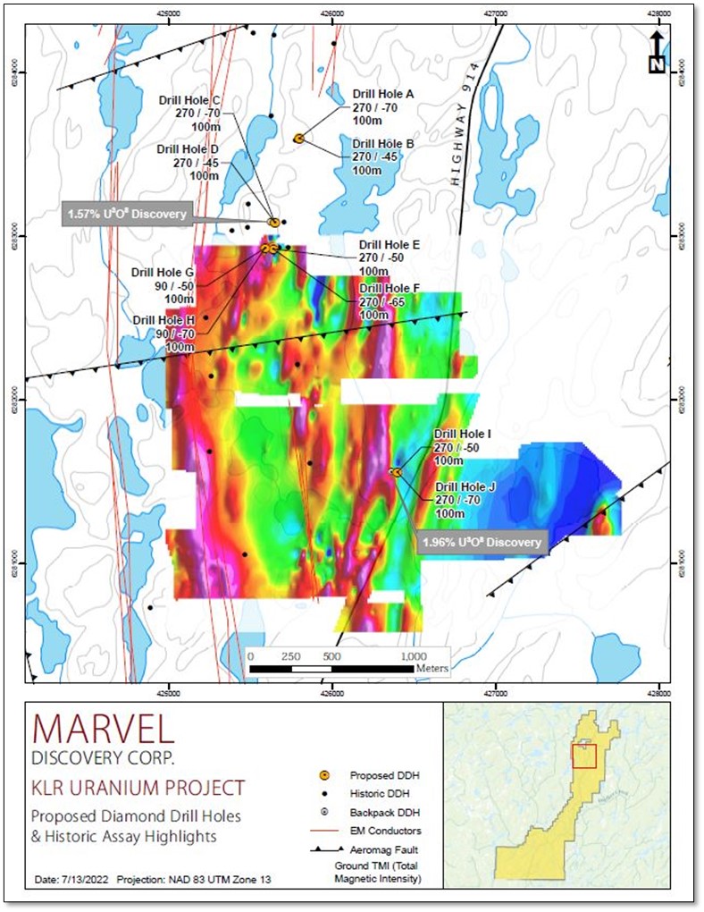 Planned drill locations at the DD Zone over total magnetic intensity coincident with VTEM conductors and highlighted historical results on the KLR Walker Uranium Project.