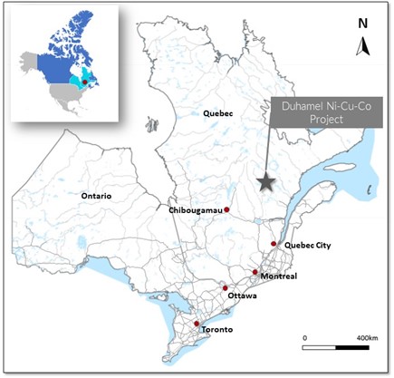 Regional location of the Duhamel Property Post Marvel Mobilizes Crews to Duhamel, Nickel-Copper-Cobalt Property, Lac St. Jean, QC