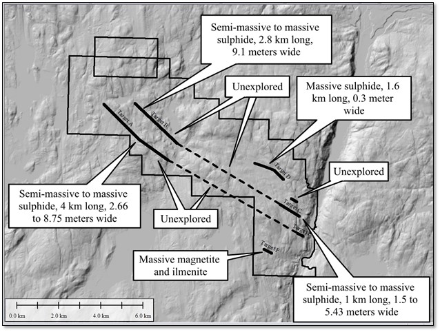 TDEM magnetic trends coincident with recorded Ni Cu Co mineralization and Fe Ti V Cr mineralization. True widths of mineralization is not yet known.