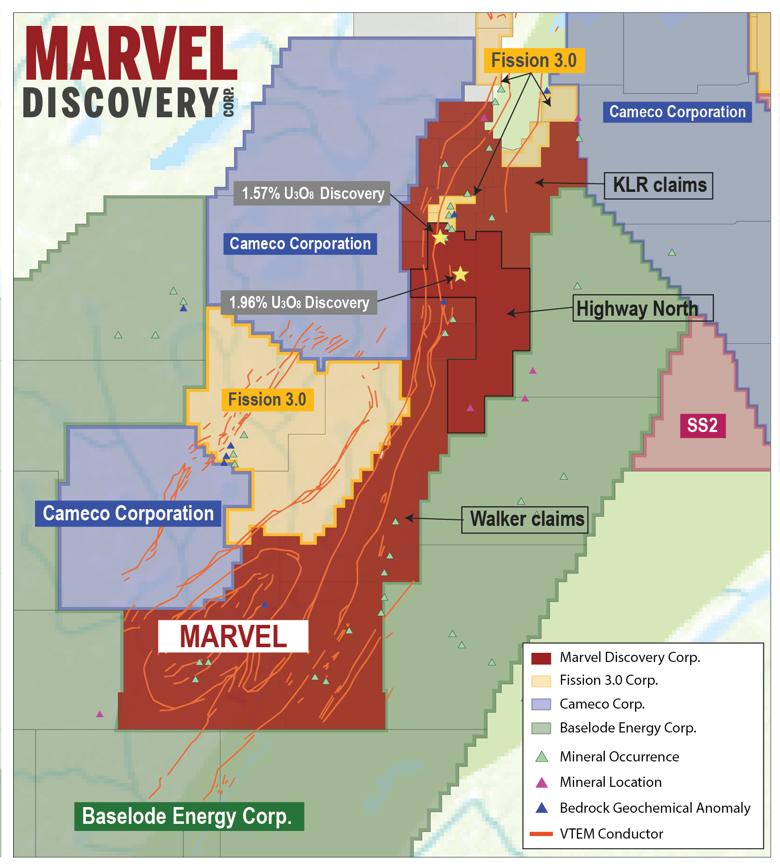 Uranium property Marvel Discovery Corp 05 Post Highway North, KLR, & Walker Claims - Athabasca Basin