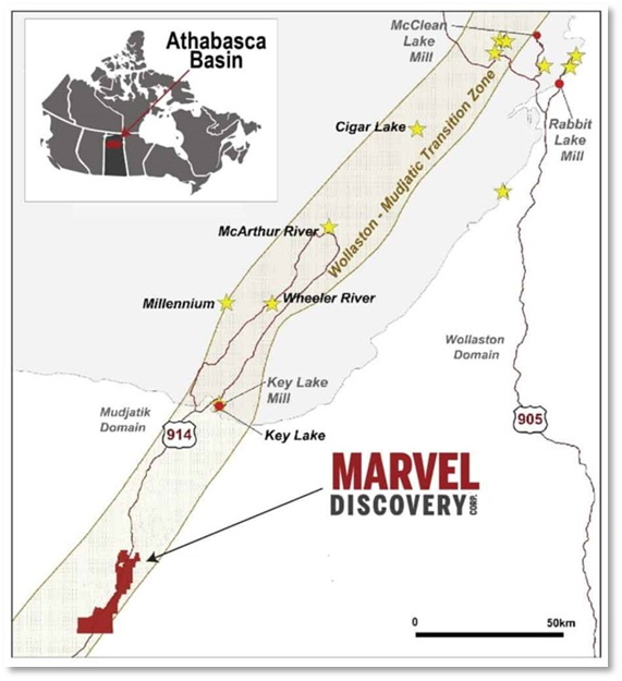 Figure 2. Location of the Walker- KLR Uranium Project in the WMTZ Zone host to the highest-grade uranium deposits in the world.